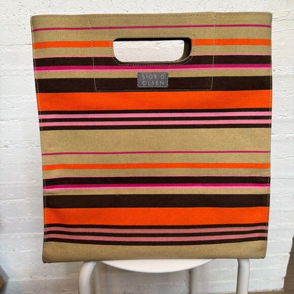 Sigrid Olsen Handbags - Sigrid Olson Striped Canvas Tote Bag Boho-Chic Earthy 70s' Revival Resort Beach